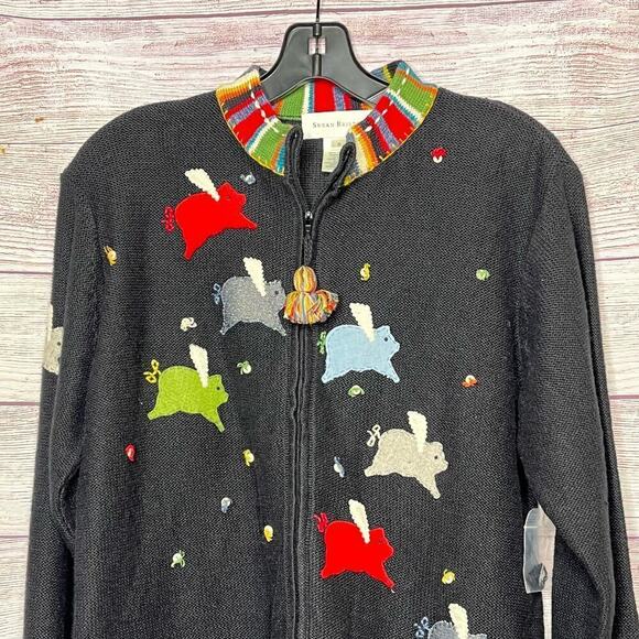 Vintage Susan Bristol Flying Pigs Embroidered Zip Cardigan Jacket Size Small - Picture 8 of 11